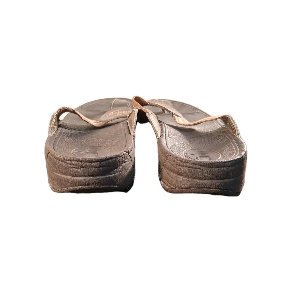 Women's FitFlop Brown Stripe Thong Webbing Leather Sandal Women's Size 8